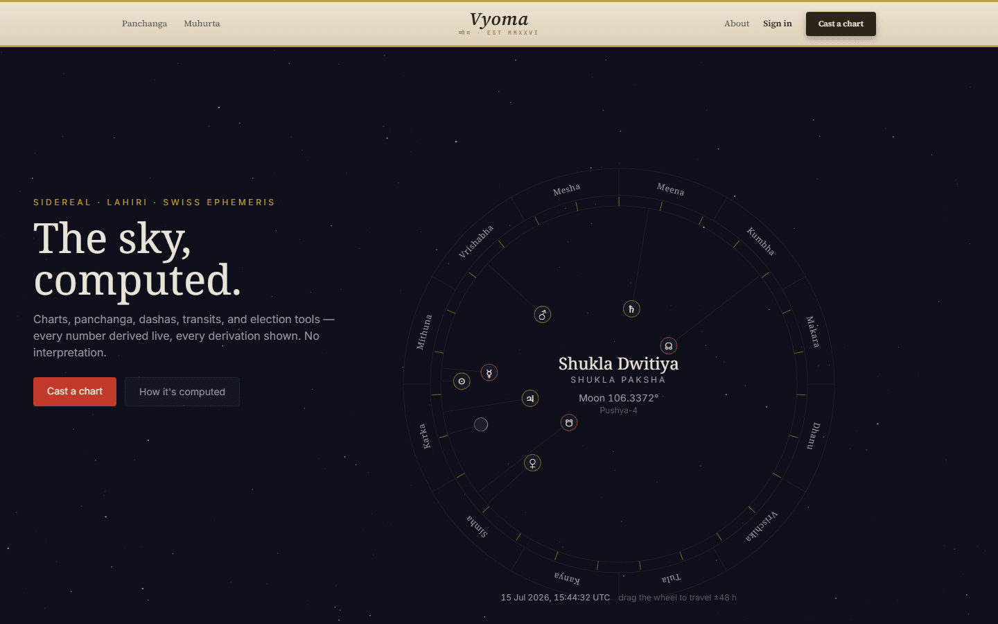 Skychart astronomy engine showing a live sidereal sky chart